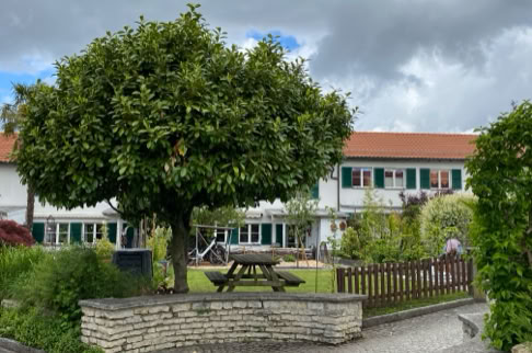 FHG am Hörnli, Ein großer Baum steht vor einem Gebäude mit roten Dächern und grünen Fensterläden, umgeben von einem Garten mit einem Holzzaun und einem Picknicktisch.