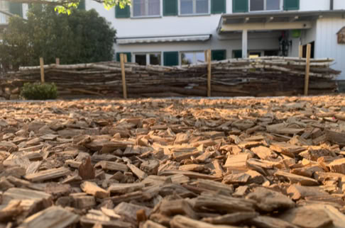 FHG am Hörnli, Holzspäne im Vordergrund, dahinter ein Stapel Holzscheite, im Hintergrund ein weißes Gebäude mit grünen Fensterläden.